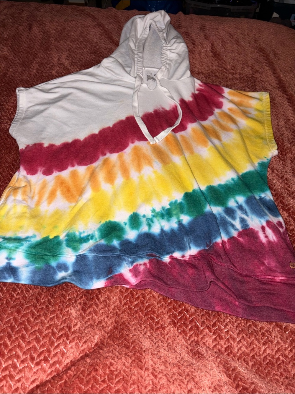 Livi Active White Hooded Poncho with Multicolor Tie-Dye Stripes. Size 22/24